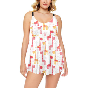 Giraffe Pattern Print Design 03 Chest Sexy Pleated Two Piece Swim Dress