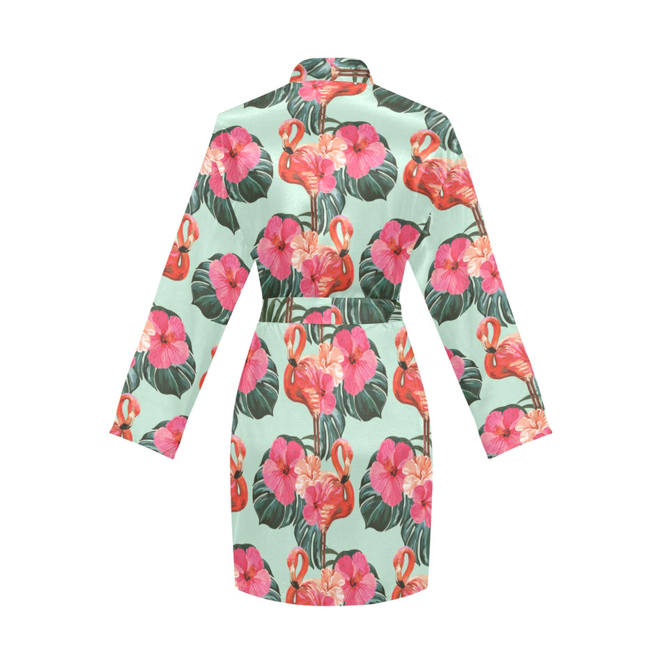 Beautiful flamingo tropical palm leaves hibiscus p Women's Long Sleeve Belted Night Robe