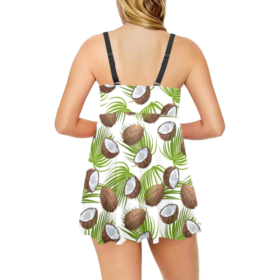 Coconut Pattern Print Design 04 Chest Sexy Pleated Two Piece Swim Dress
