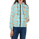 Fox pattern blue b ackground Women's Padded Hooded Jacket