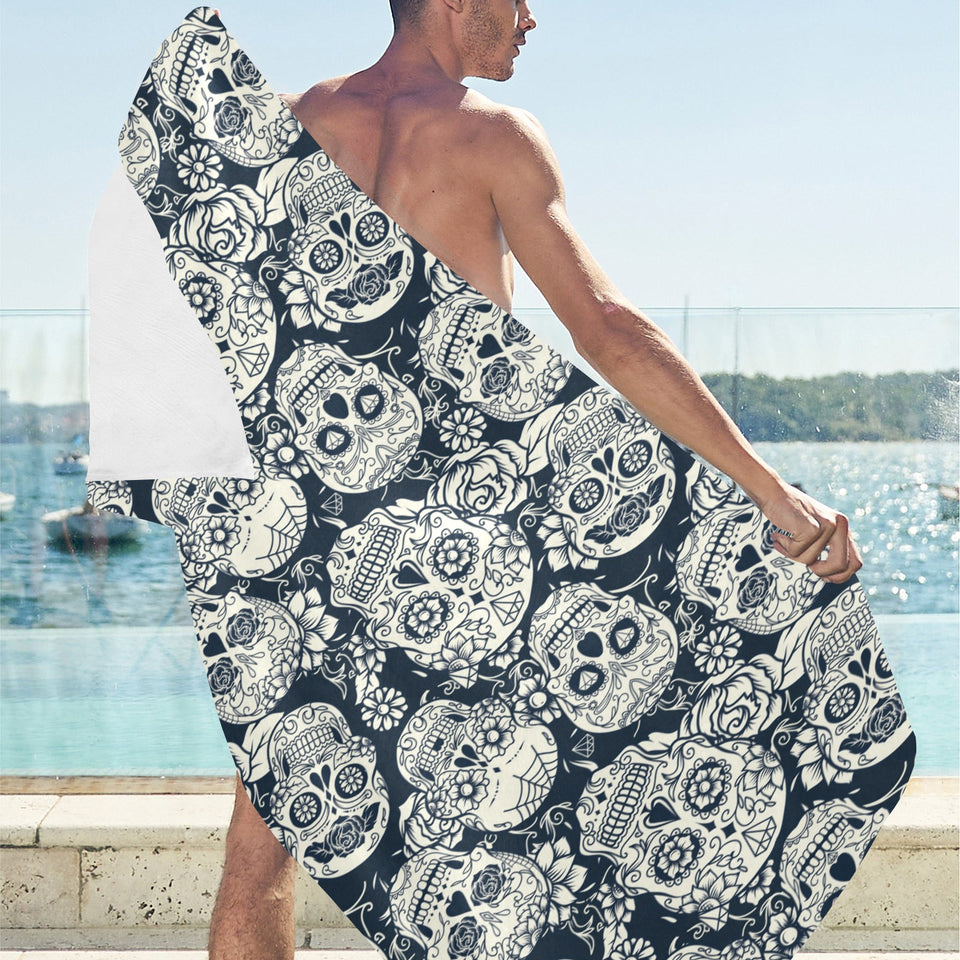 Sugar skull black white pattern Beach Towel