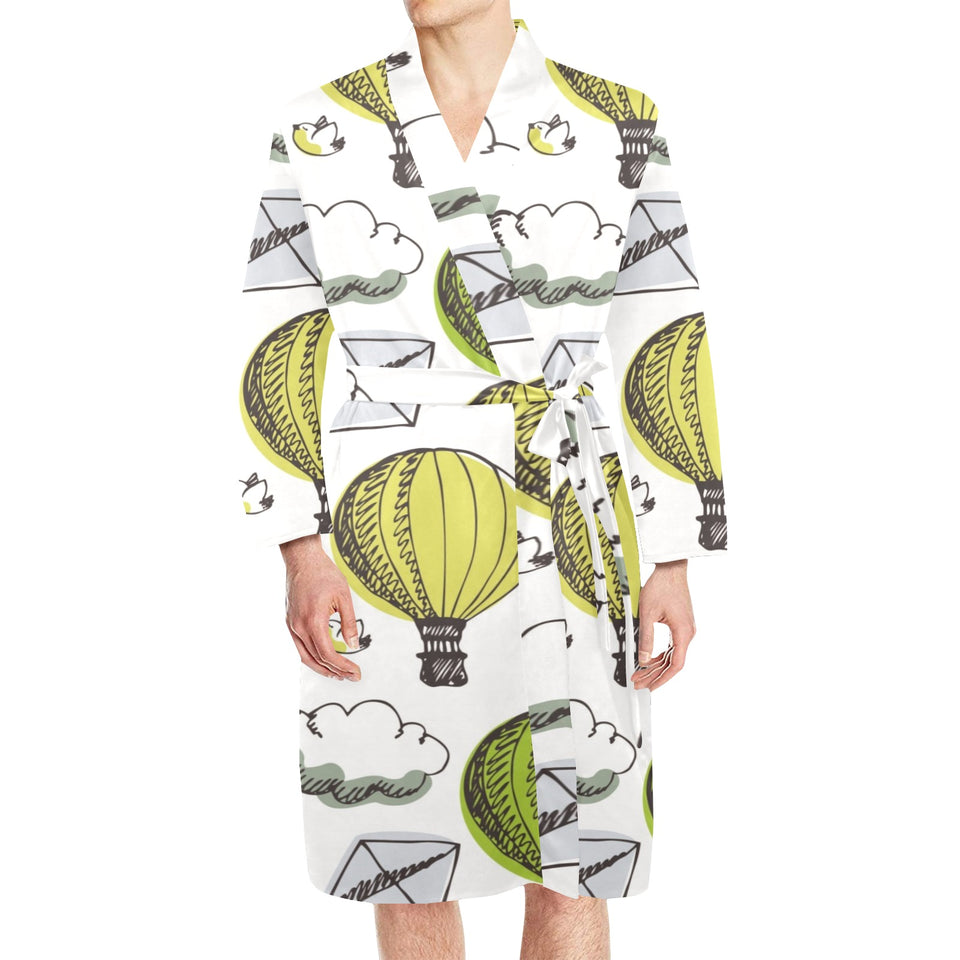 Hot Air Balloon Bird Cloud Pattern Men's Long Sleeve Belted Night Robe