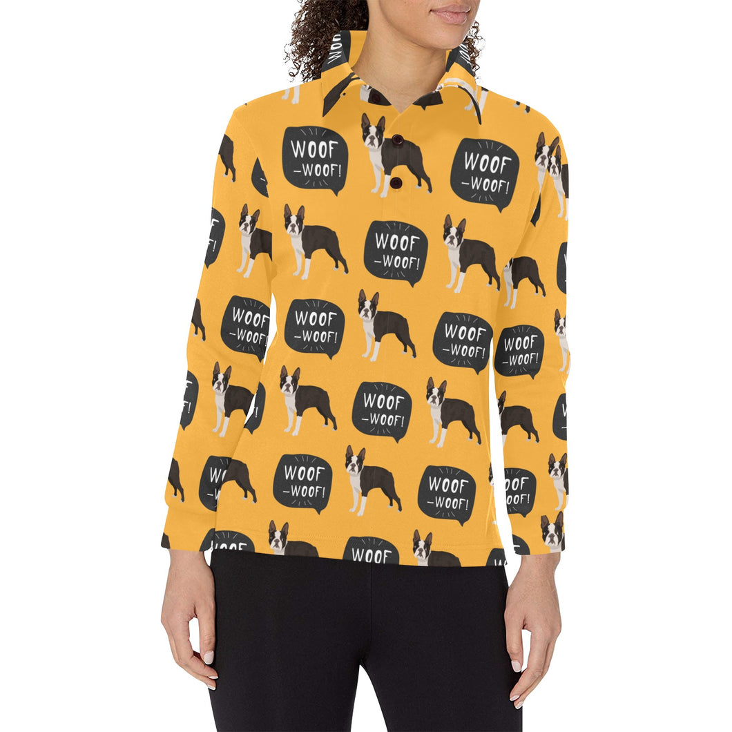 Boston terrier design pattern Women's Long Sleeve Polo Shirt