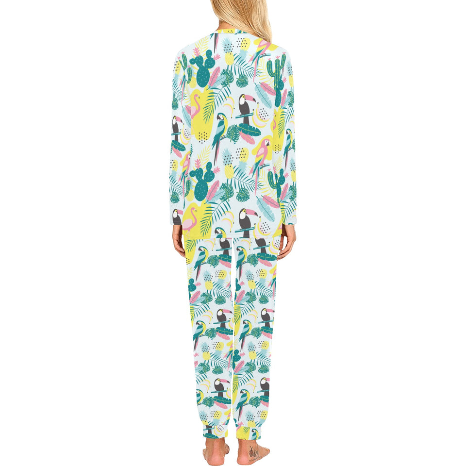 Cute parrot toucan flamingo cactus exotic leaves p Women's All Over Print Pajama Set