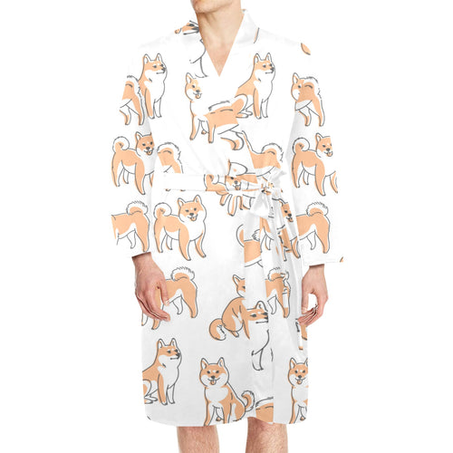 shiba inu dog pattern Men's Long Sleeve Belted Night Robe