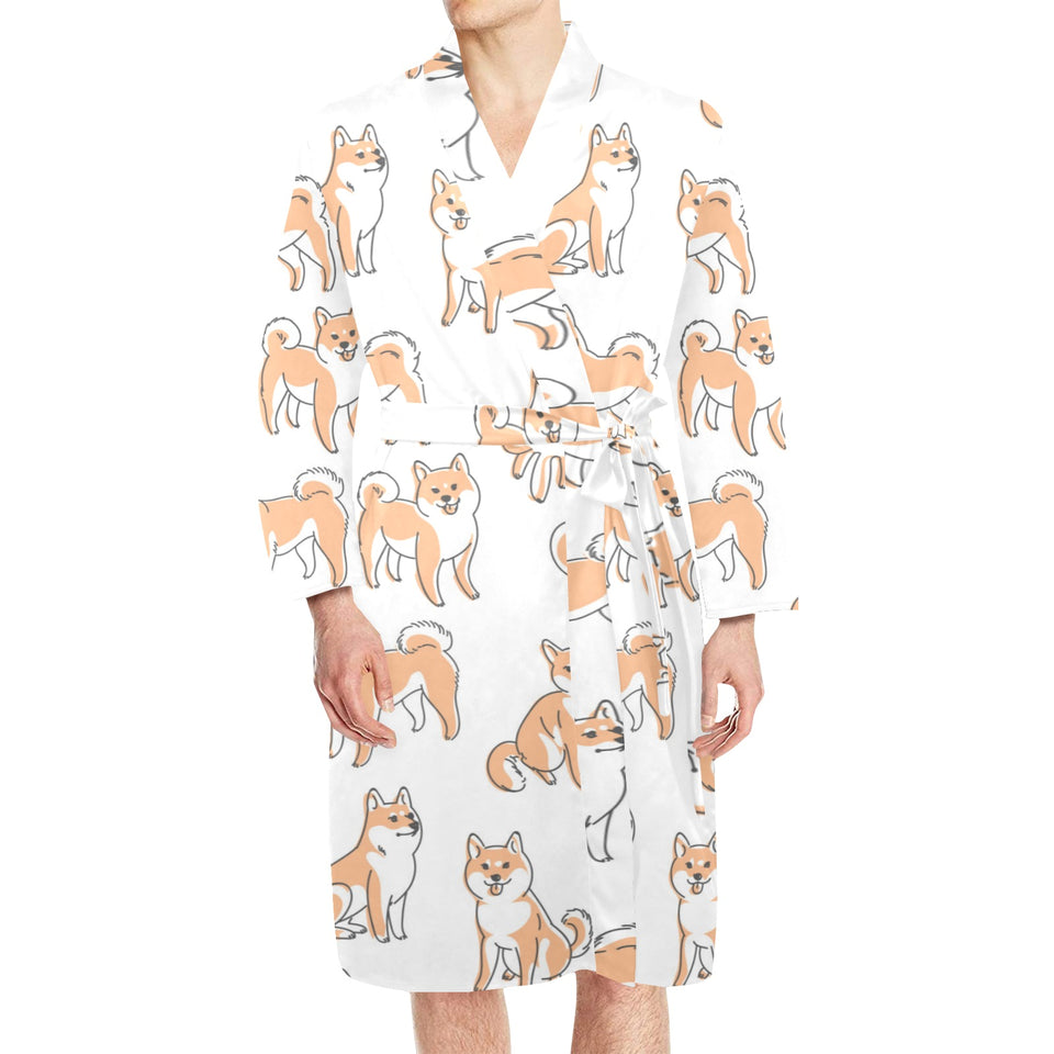 shiba inu dog pattern Men's Long Sleeve Belted Night Robe