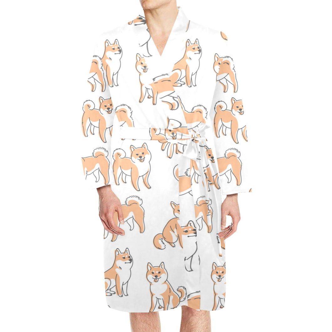 shiba inu dog pattern Men's Long Sleeve Belted Night Robe