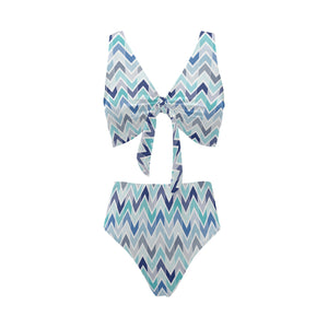zigzag chevron blue pattern Chest Bowknot High Waisted Bikini Swimsuit