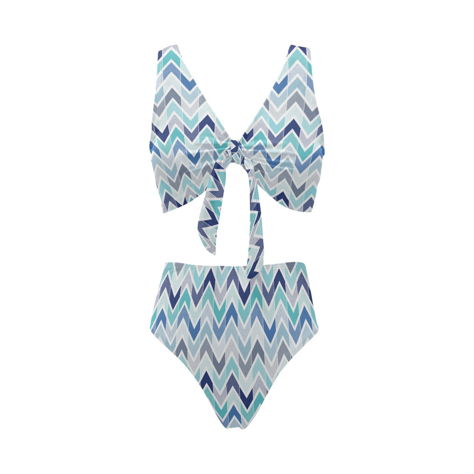 zigzag chevron blue pattern Chest Bowknot High Waisted Bikini Swimsuit
