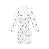 Anchor rudder nautical design pattern Women's Long Sleeve Belted Night Robe