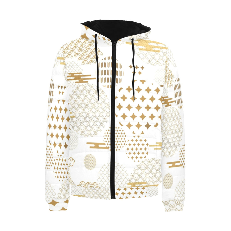 Beautiful gold japanese pattern Men's Padded Hooded Jacket