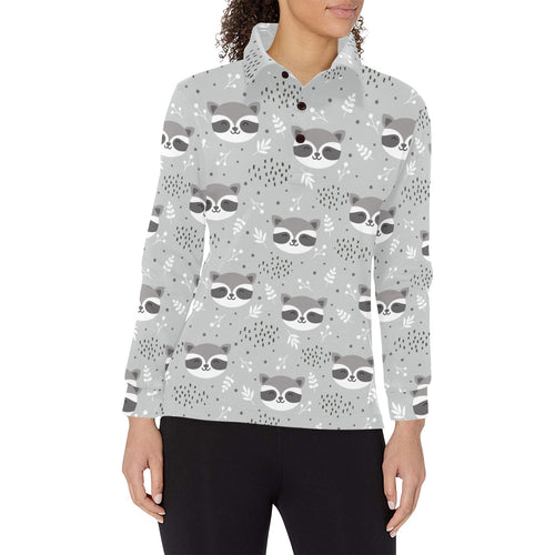 Cute raccoons leaves dot Women's Long Sleeve Polo Shirt