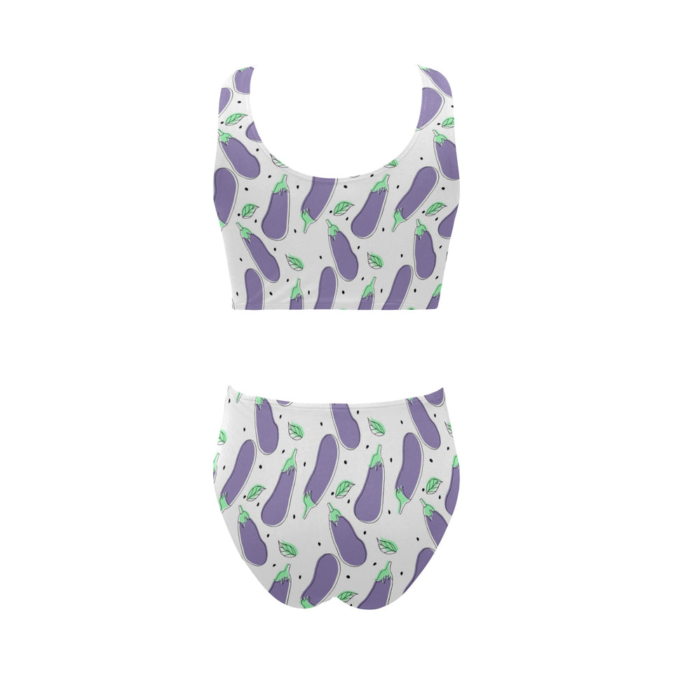 Eggplant Pattern Print Design 05 Chest Bowknot High Waisted Bikini Swimsuit