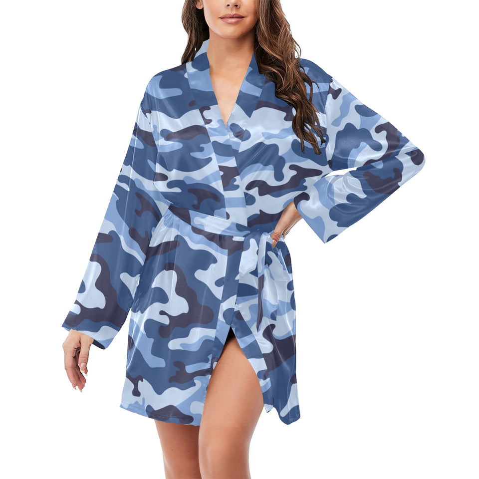 Blue camouflage pattern Women's Long Sleeve Belted Night Robe