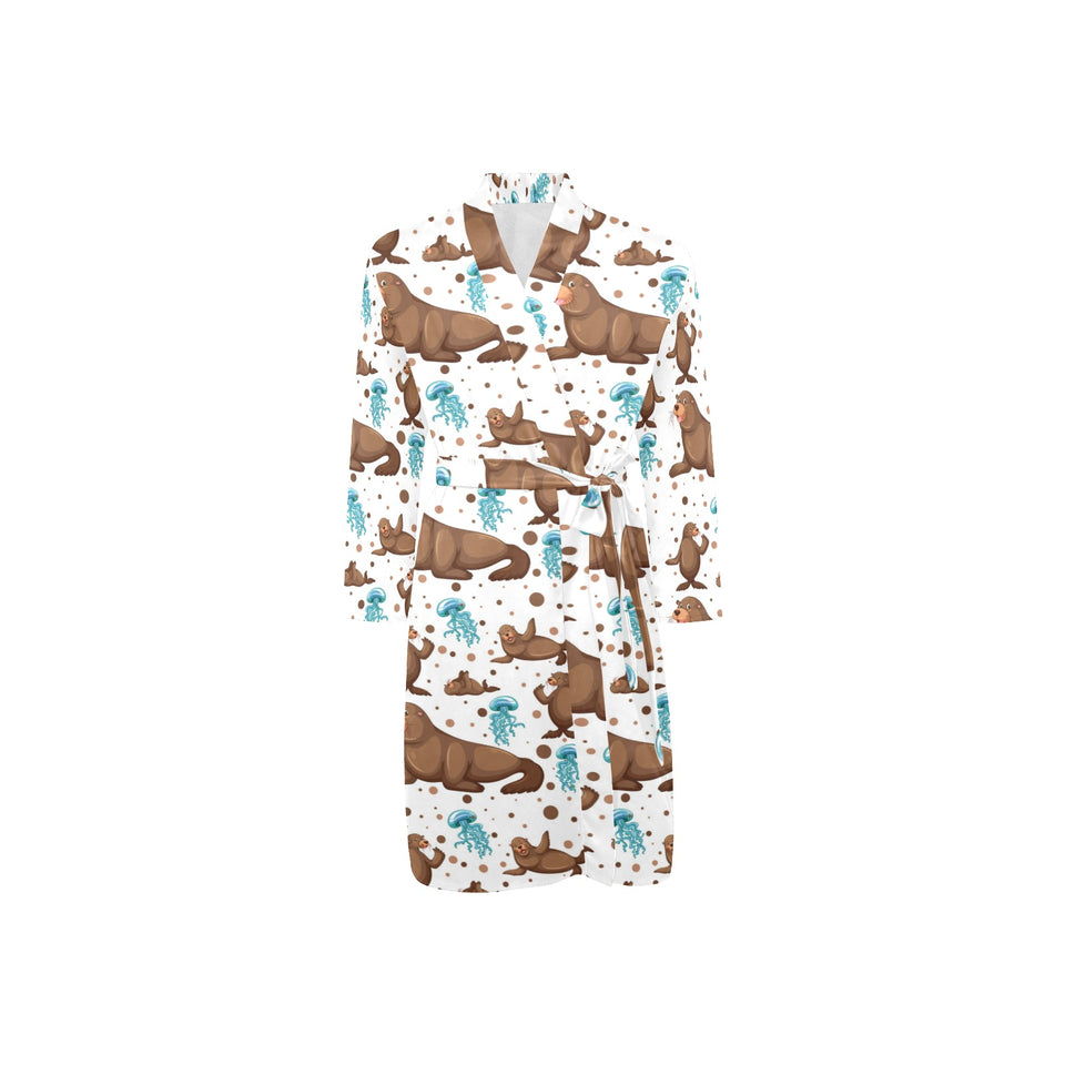sea lion Seals jellyfish pattern Men's Long Sleeve Belted Night Robe