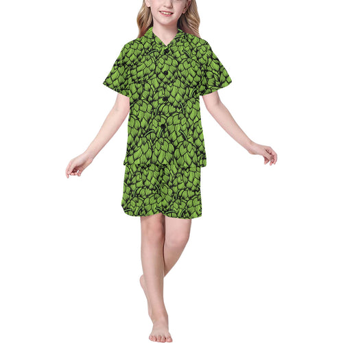 Green hop pattern Kids' Boys' Girls' V-Neck Short Pajama Set