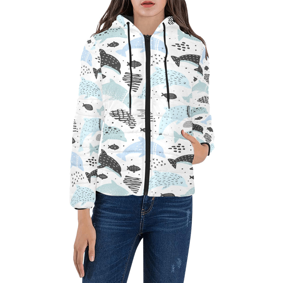 Cute dolphins Childish Style pattern Women's Padded Hooded Jacket