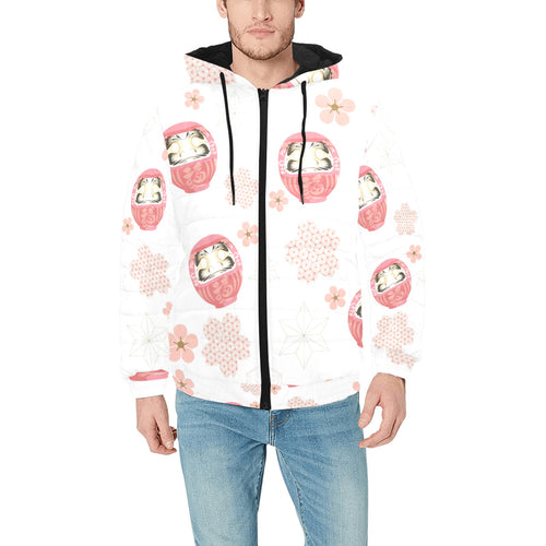 Daruma japanese wooden doll cherry blossom flower Men's Padded Hooded Jacket