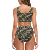 Dark Green camouflage pattern Chest Bowknot High Waisted Bikini Swimsuit