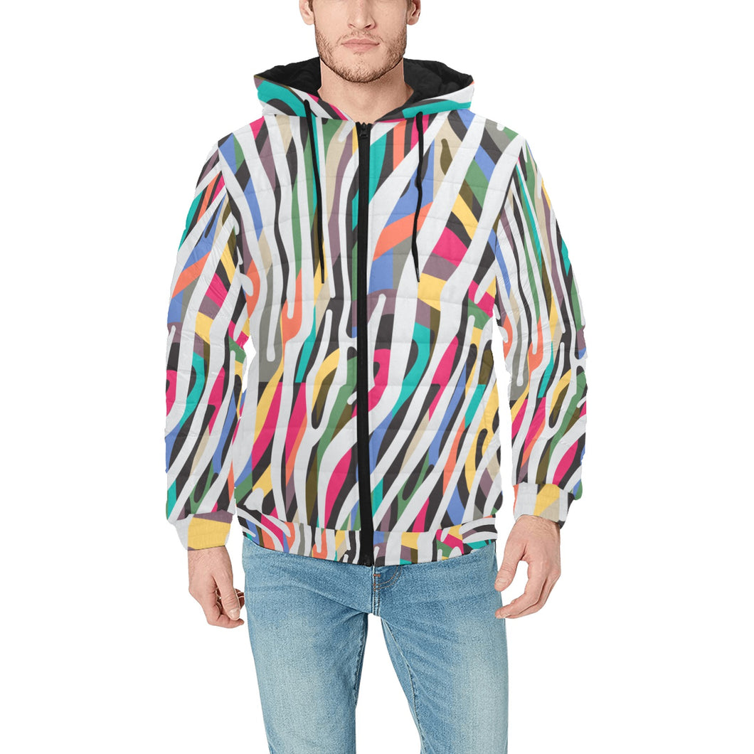 Colorful zebra skin pattern Men's Padded Hooded Jacket