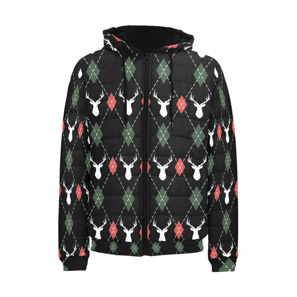 Deer Christmas new year pattern argyle Men's Padded Hooded Jacket