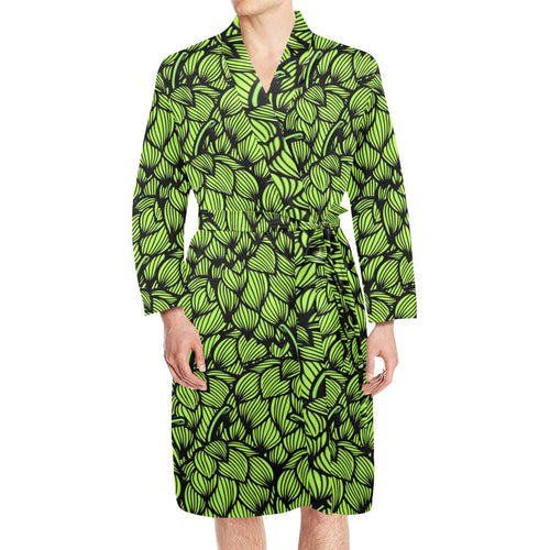 Green hop pattern Men's Long Sleeve Belted Night Robe