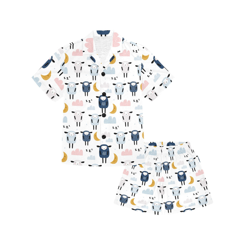 Cute sleeping sheep moon cloud pattern Kids' Boys' Girls' V-Neck Short Pajama Set