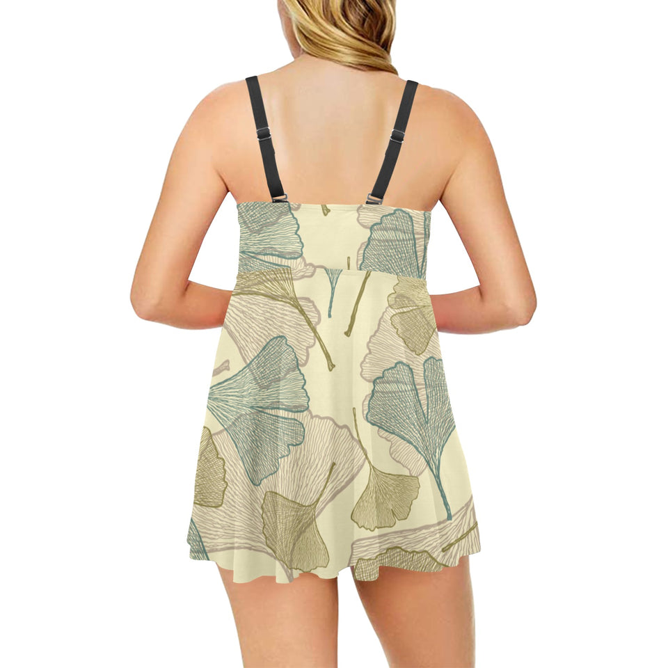Ginkgo leaves design pattern Chest Sexy Pleated Two Piece Swim Dress