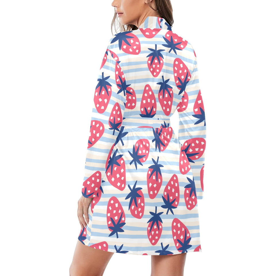 Strawberry pattern blue lines background Women's Long Sleeve Belted Night Robe