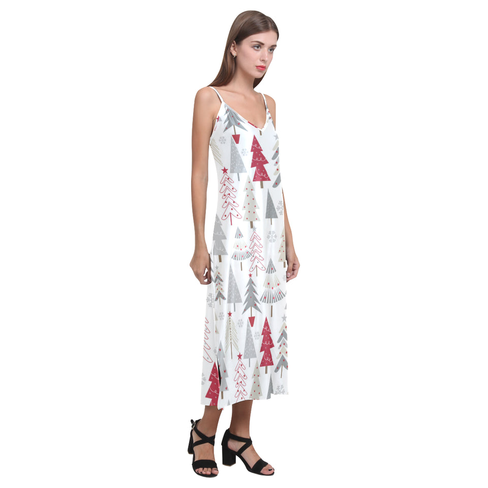 Cute Christmas tree pattern V-Neck Open Fork Long Dress