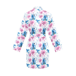 Hummingbird Pattern Print Design 02 Women's Long Sleeve Belted Night Robe