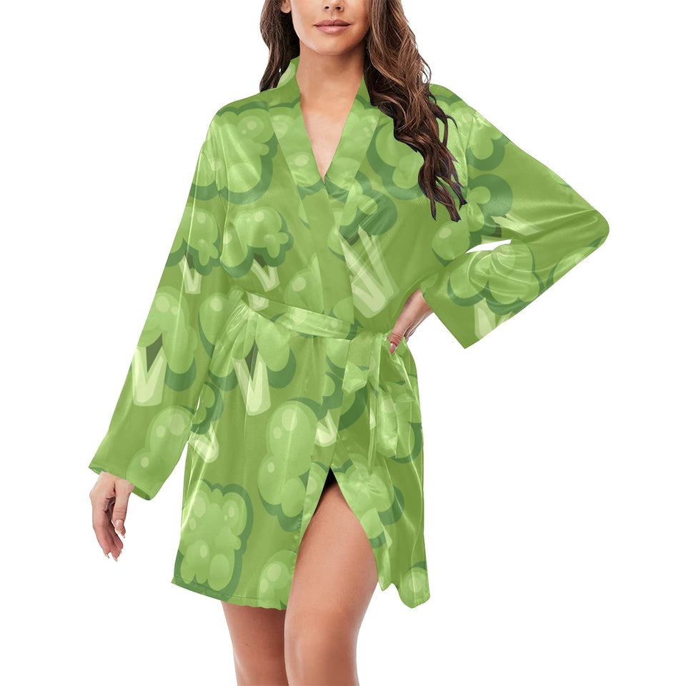Broccoli pattern green background Women's Long Sleeve Belted Night Robe