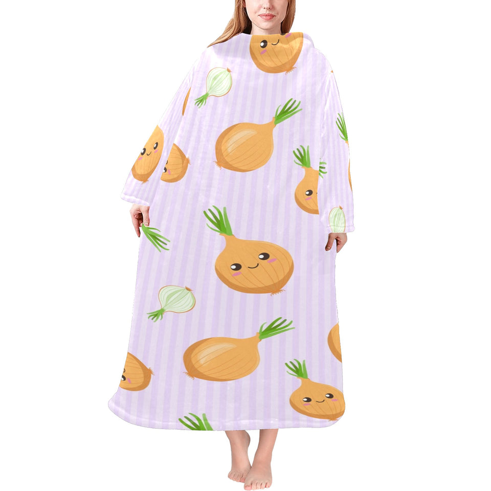 cute onions smiling faces purple background Blanket Robe with Sleeves