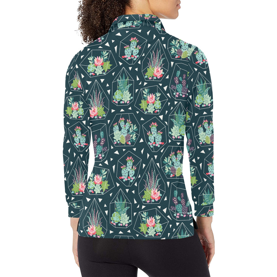 Cactus glass terrarium pattern Women's Long Sleeve Polo Shirt