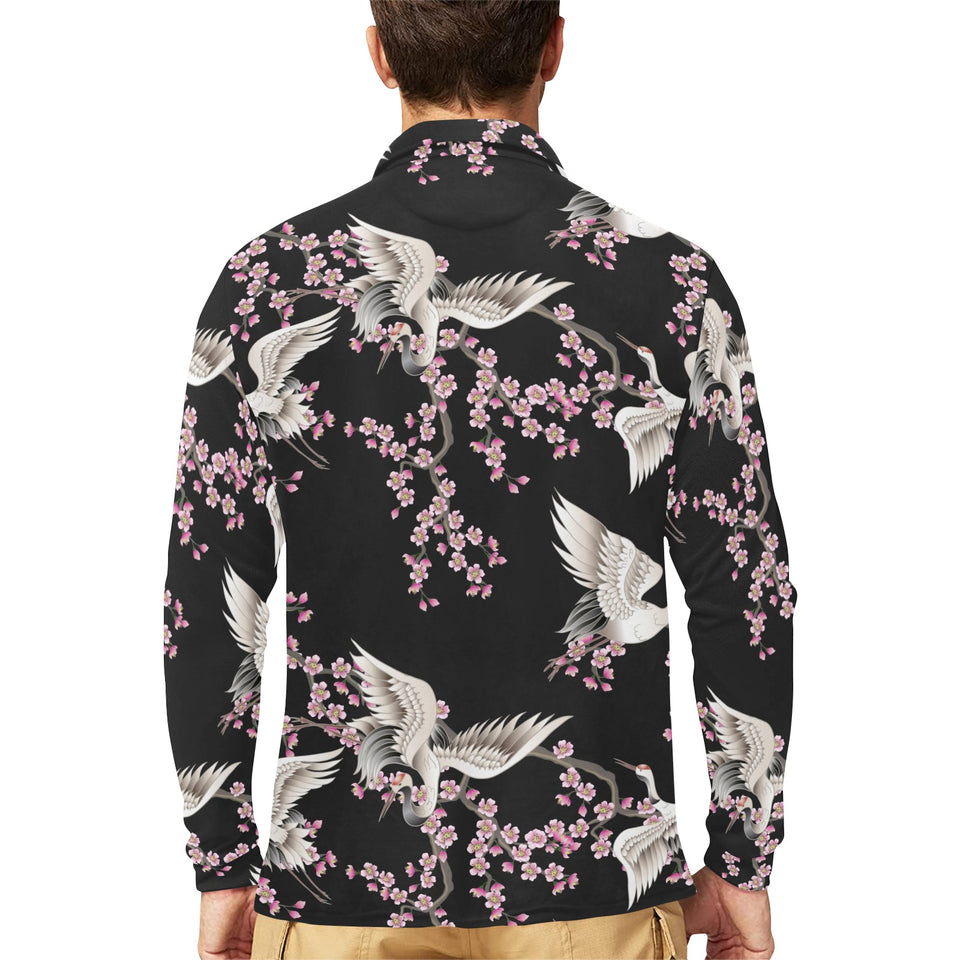 Japanese crane pink sakura pattern Men's Long Sleeve Polo Shirt