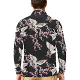 Japanese crane pink sakura pattern Men's Long Sleeve Polo Shirt