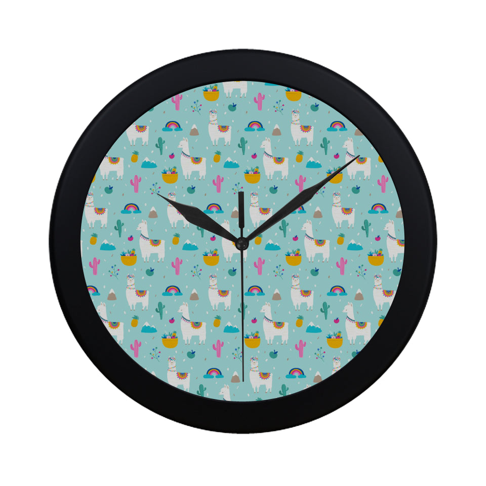 Llama alpaca cactus leaves pattern Elegant Black Wall Clock