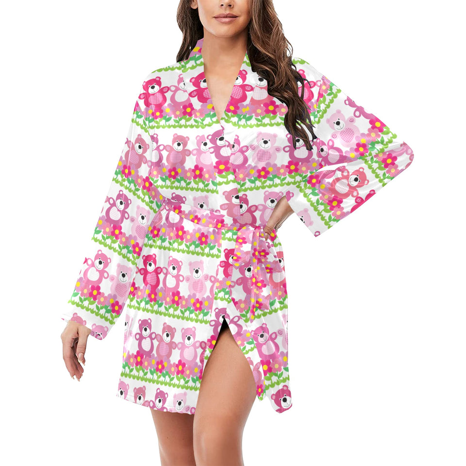 Teddy Bear Pattern Print Design 04 Women's Long Sleeve Belted Night Robe