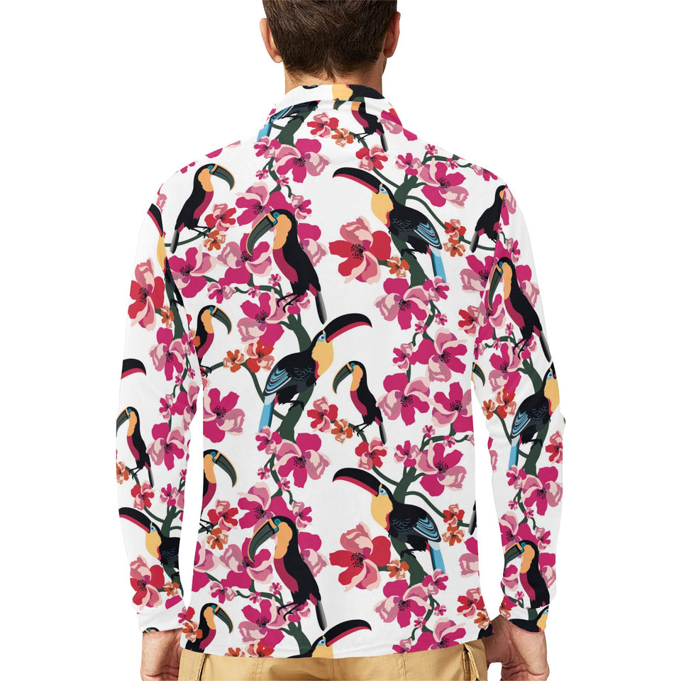 Toucan flower design pattern Men's Long Sleeve Polo Shirt
