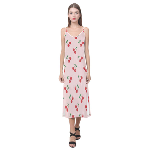 cherry pattern pink background V-Neck Open Fork Long Dress