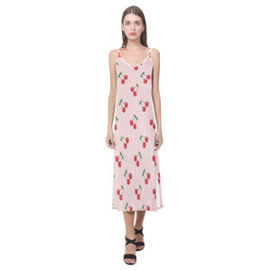 cherry pattern pink background V-Neck Open Fork Long Dress