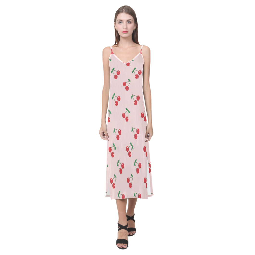 cherry pattern pink background V-Neck Open Fork Long Dress