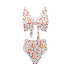 Giraffe Pattern Print Design 03 Chest Bowknot High Waisted Bikini Swimsuit