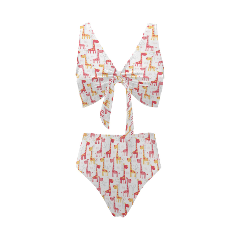 Giraffe Pattern Print Design 03 Chest Bowknot High Waisted Bikini Swimsuit