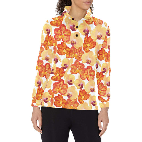 Orange yellow orchid flower pattern background Women's Long Sleeve Polo Shirt