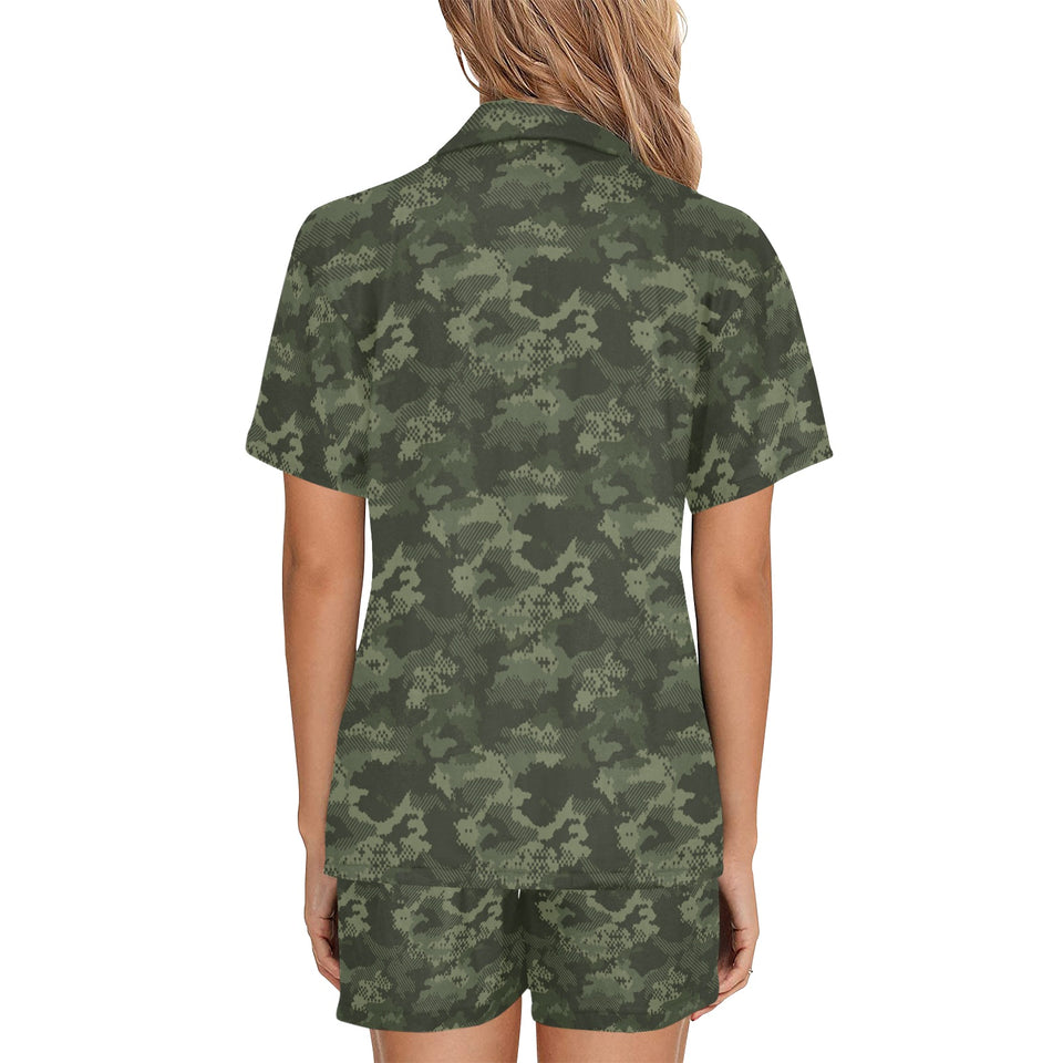 Digital Green camouflage pattern Women's V-Neck Short Pajama Set