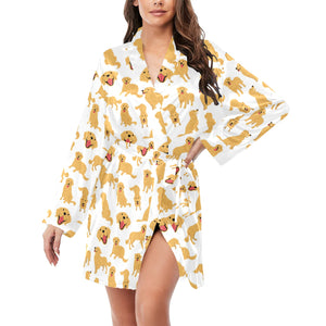 Golden Retriever Pattern Print Design 05 Women's Long Sleeve Belted Night Robe