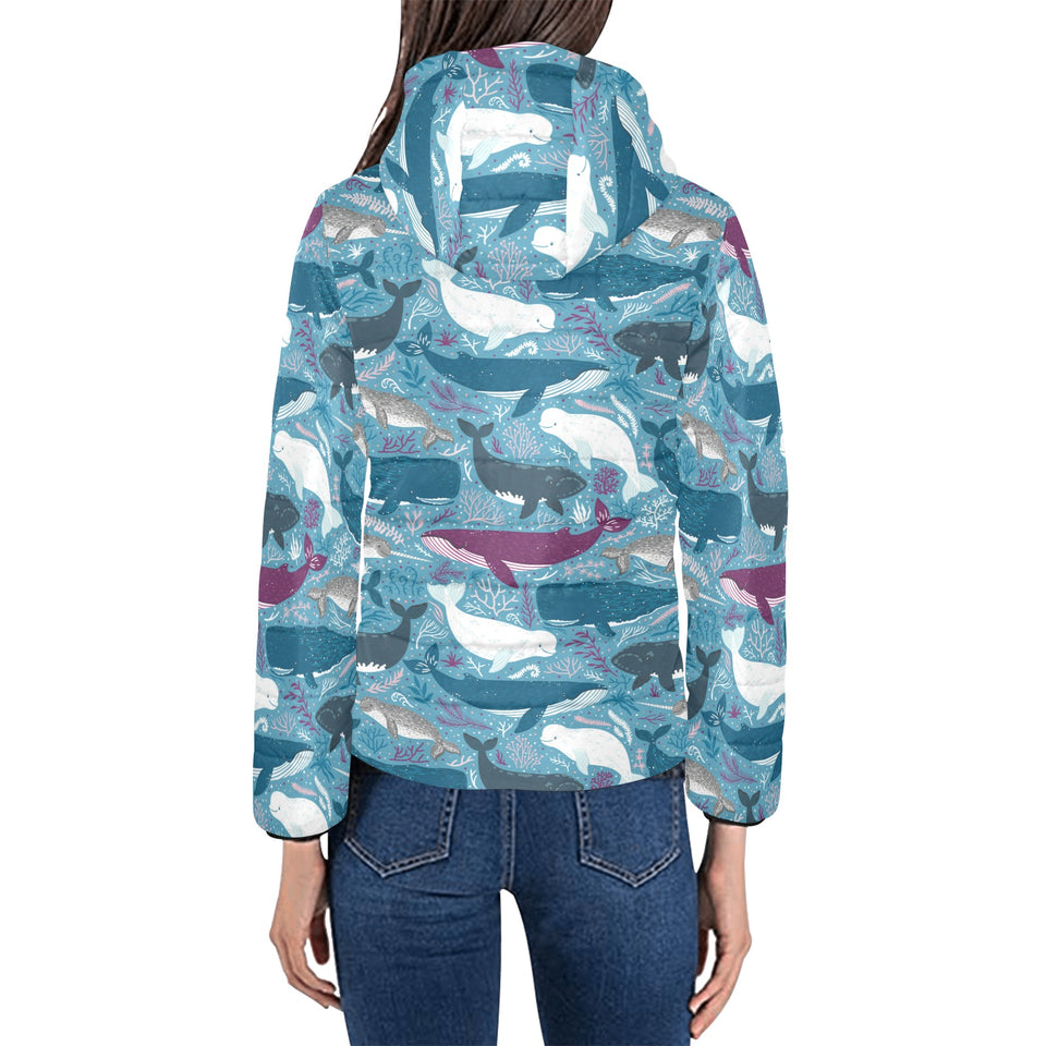 Whale design pattern Women's Padded Hooded Jacket