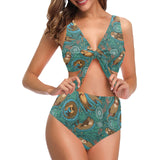 cute brown sea otters ornamental seaweed corals gr Chest Bowknot High Waisted Bikini Swimsuit