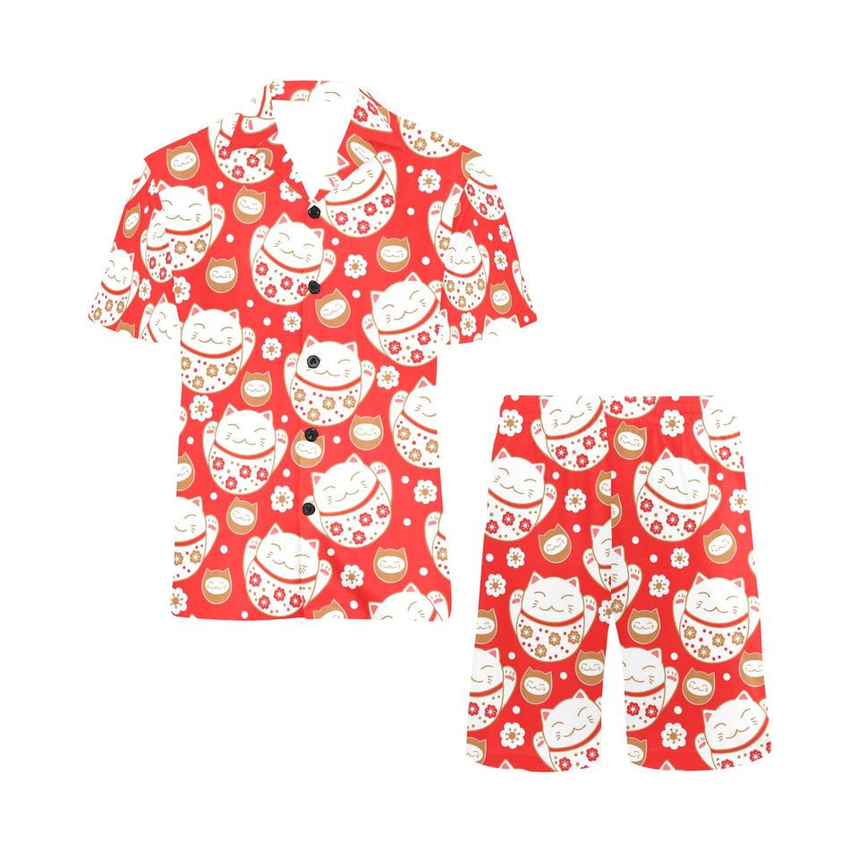 Cute Maneki neko cat red background Men's V-Neck Short Pajama Set